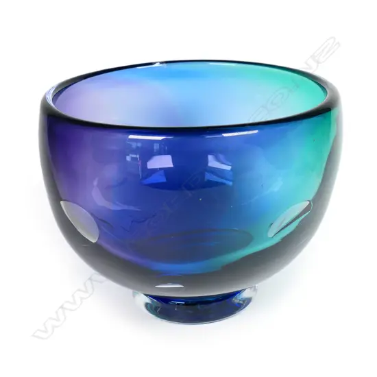 Ola and Marie Hoglund footed glass Graal bowl. Blue-green and purple with clear circular highlights. Signature etched to base. Dia.180mm H.150mm
