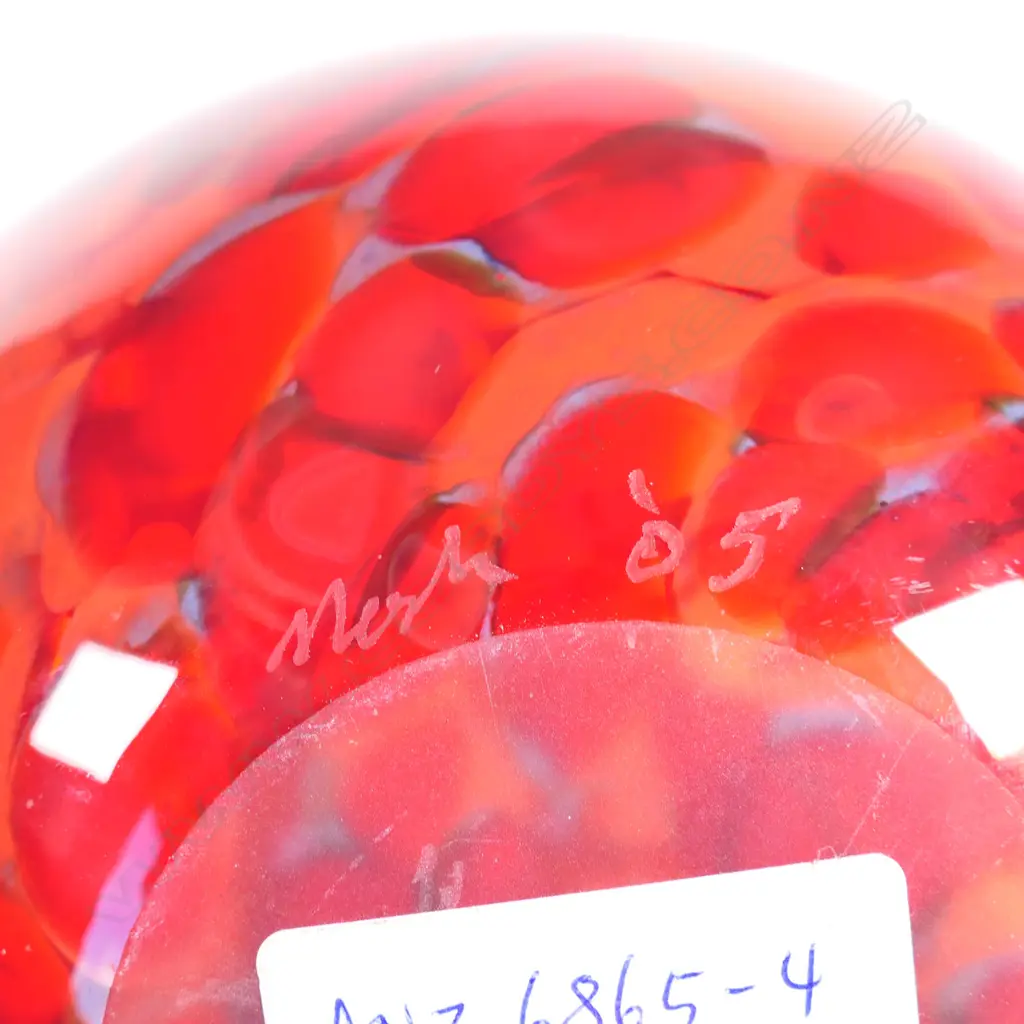 Garry Nash (ONZM) red art glass specimen vase; narrow necked ovoid form with red striations and grey highlights. Engraved signature and dated '05 to base. H. 280mm Image 1++