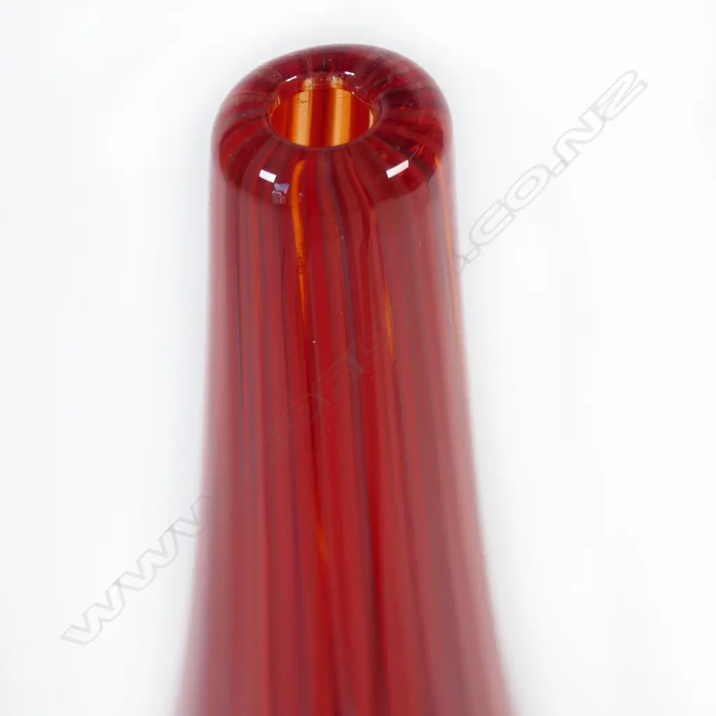 Garry Nash (ONZM) red art glass specimen vase; narrow necked ovoid form with red striations and grey highlights. Engraved signature and dated '05 to base. H. 280mm Image 1++