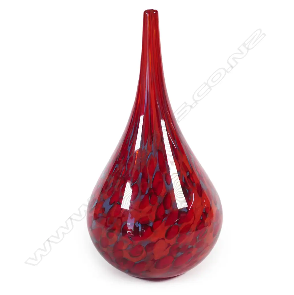 Garry Nash (ONZM) red art glass specimen vase; narrow necked ovoid form with red striations and grey highlights. Engraved signature and dated '05 to base. H. 280mm Image 1++