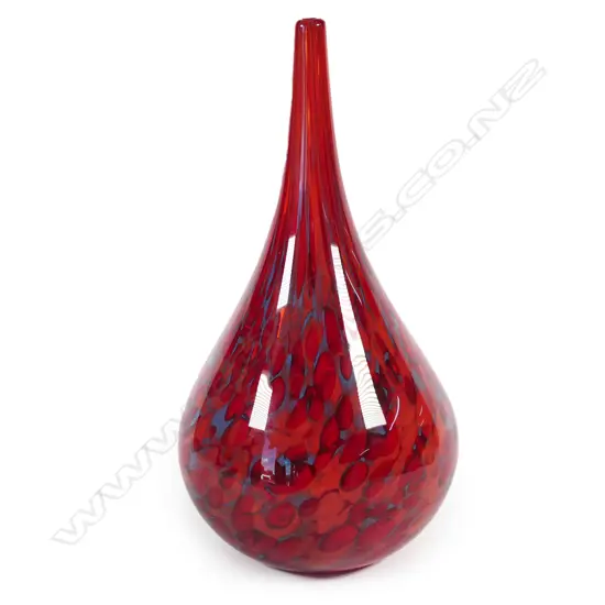 Garry Nash (ONZM) red art glass specimen vase; narrow necked ovoid form with red striations and grey highlights. Engraved signature and dated '05 to base. H. 280mm