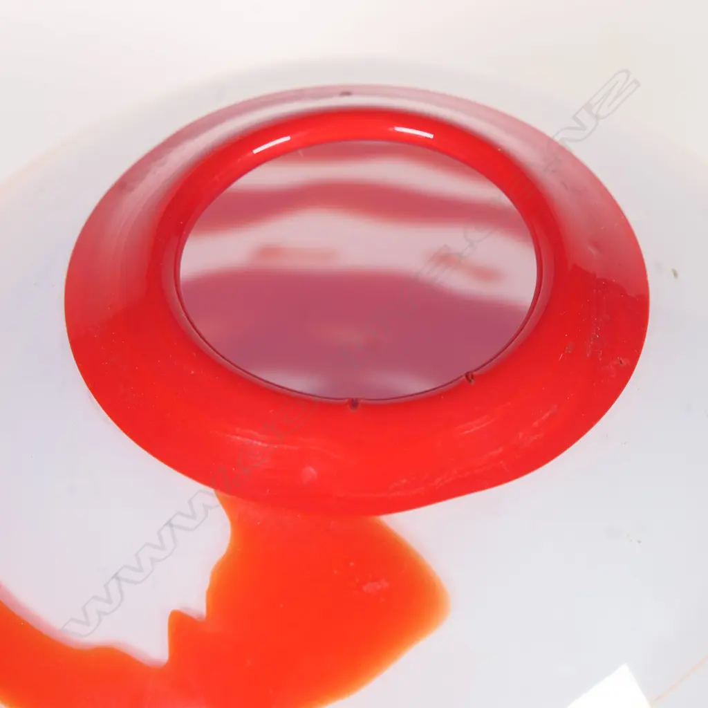 Garry Nash (ONZM) red and white art glass vase with graduated wavy red bands on white ground. Engraved signature and date '89. H.195mm. Image 1++