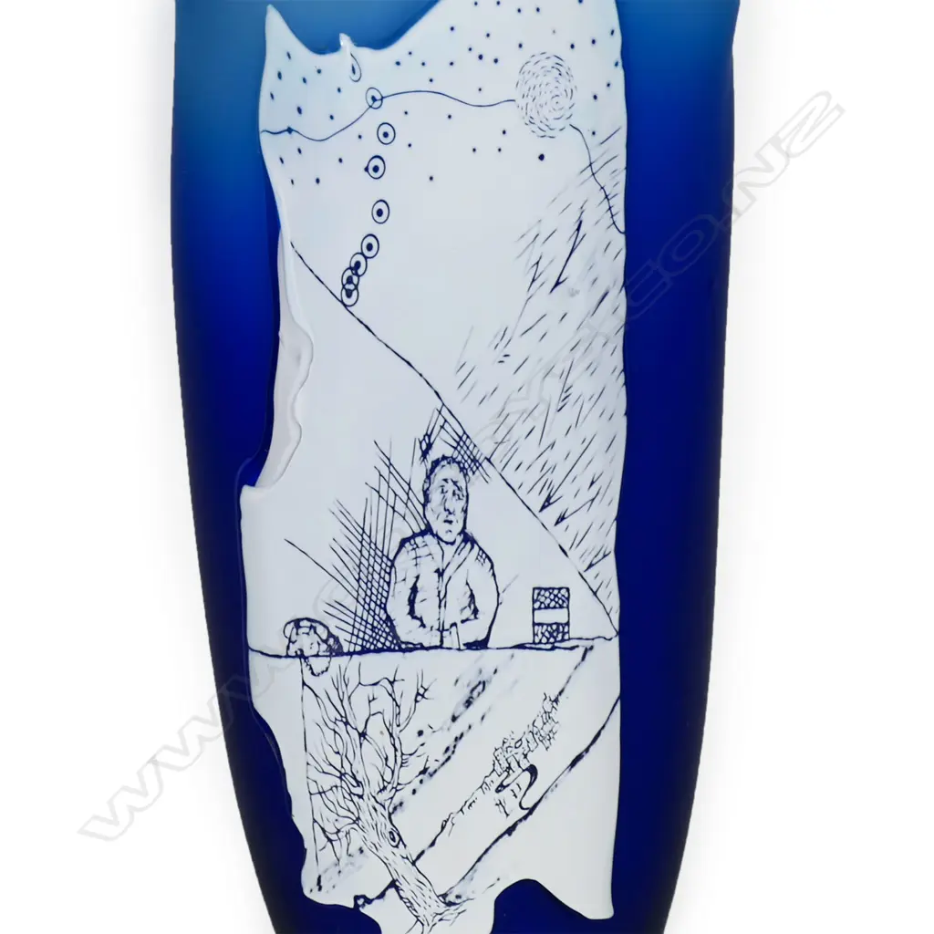 Garry Nash ONZM (1955-) exhibition art glass 'Introspection Poster Piece' from the important 'Bill Poster' series 1986. The graduating blue glass mildly tapered oval hollow section with applied white glass 'Bill Poster' featuring a gentleman at his desk, an extensive landscape with tree and distant town and an abstract section. Signed and dated '86. H.550mm, Image 1++