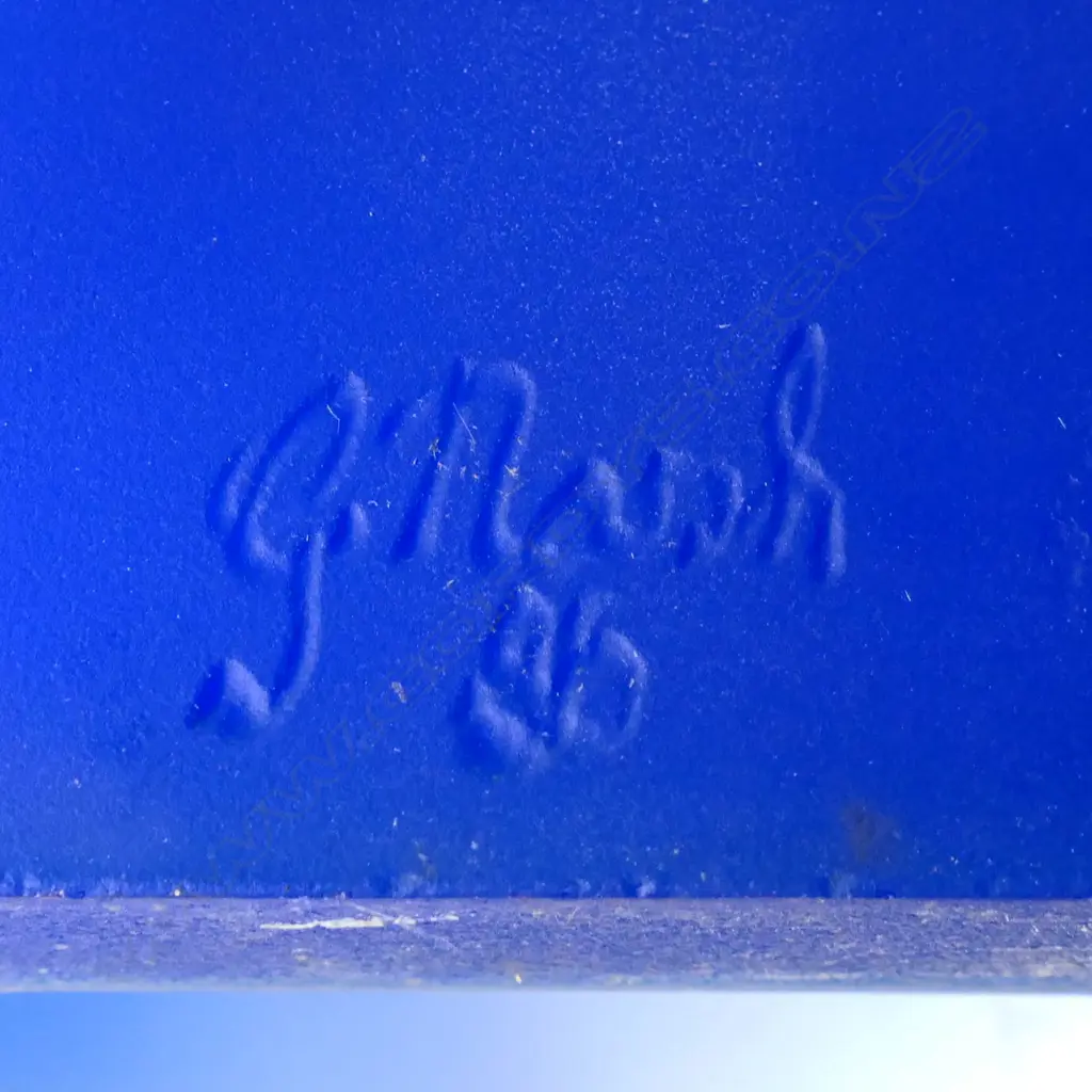 Garry Nash ONZM (1955-) exhibition art glass 'Introspection Poster Piece' from the important 'Bill Poster' series 1986. The graduating blue glass mildly tapered oval hollow section with applied white glass 'Bill Poster' featuring a gentleman at his desk, an extensive landscape with tree and distant town and an abstract section. Signed and dated '86. H.550mm, Image 1++