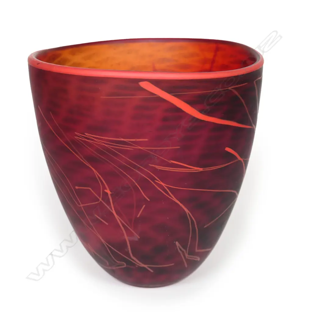 Lynden Over 'Volcanic Series' glass vase with internal diamond repeating motif and external abstract lines. Signed '06. Dia.170mm H.175mm Image 1++