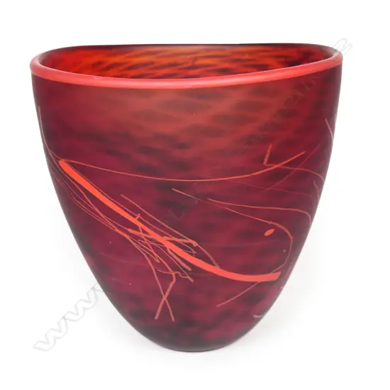 Lynden Over 'Volcanic Series' glass vase with internal diamond repeating motif and external abstract lines. Signed '06. Dia.170mm H.175mm