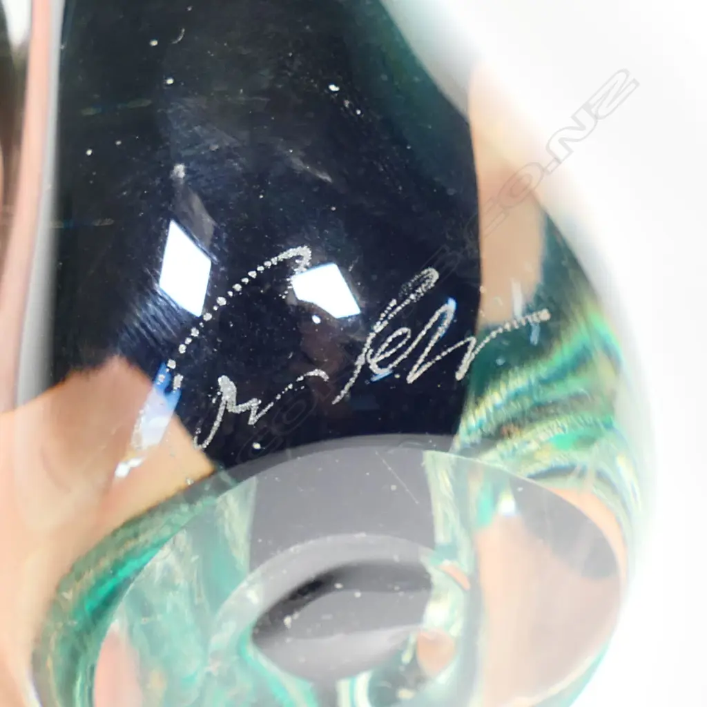 Lynden Over Lava Glass tall perfume bottle with dark green interior and spire stopper -signature etched to base. Purchased 1998. H.300mm (crack in stopper base - not visible when displayed) Image 1++