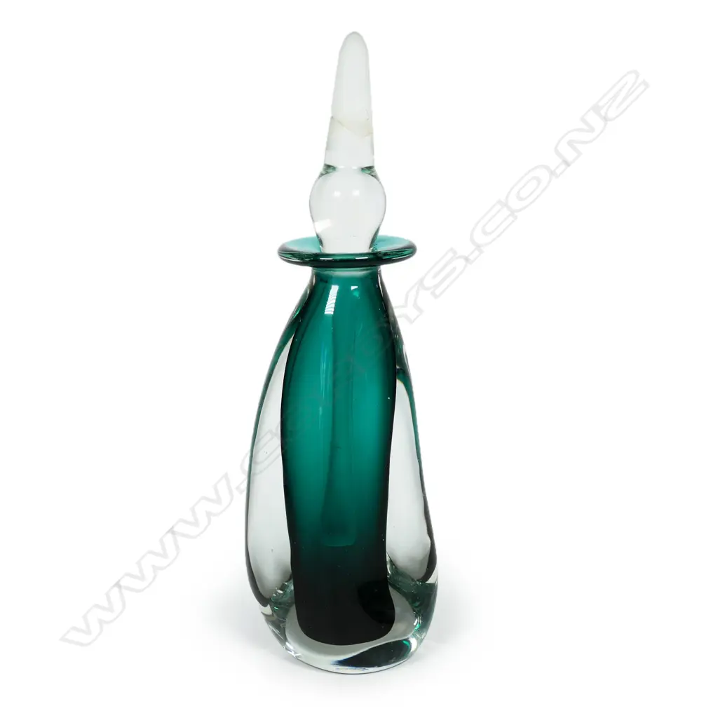 Lynden Over Lava Glass tall perfume bottle with dark green interior and spire stopper -signature etched to base. Purchased 1998. H.300mm (crack in stopper base - not visible when displayed) Image 1++