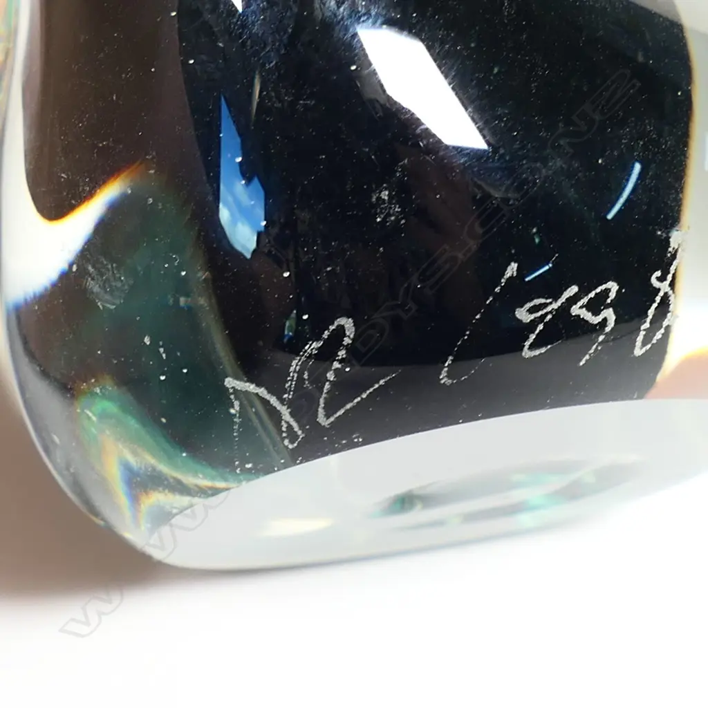 Lynden Over Lava Glass tall perfume bottle with dark green interior and spire stopper -signature etched to base. Purchased 1998. H.300mm (crack in stopper base - not visible when displayed) Image 1++