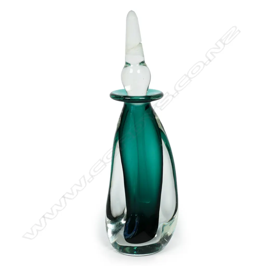 Lynden Over Lava Glass tall perfume bottle with dark green interior and spire stopper -signature etched to base. Purchased 1998. H.300mm (crack in stopper base - not visible when displayed) Image 1++