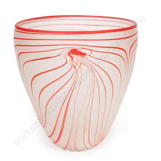 Lynden Over art glass vase with descending red swirls on an opaque ground. H.190mm