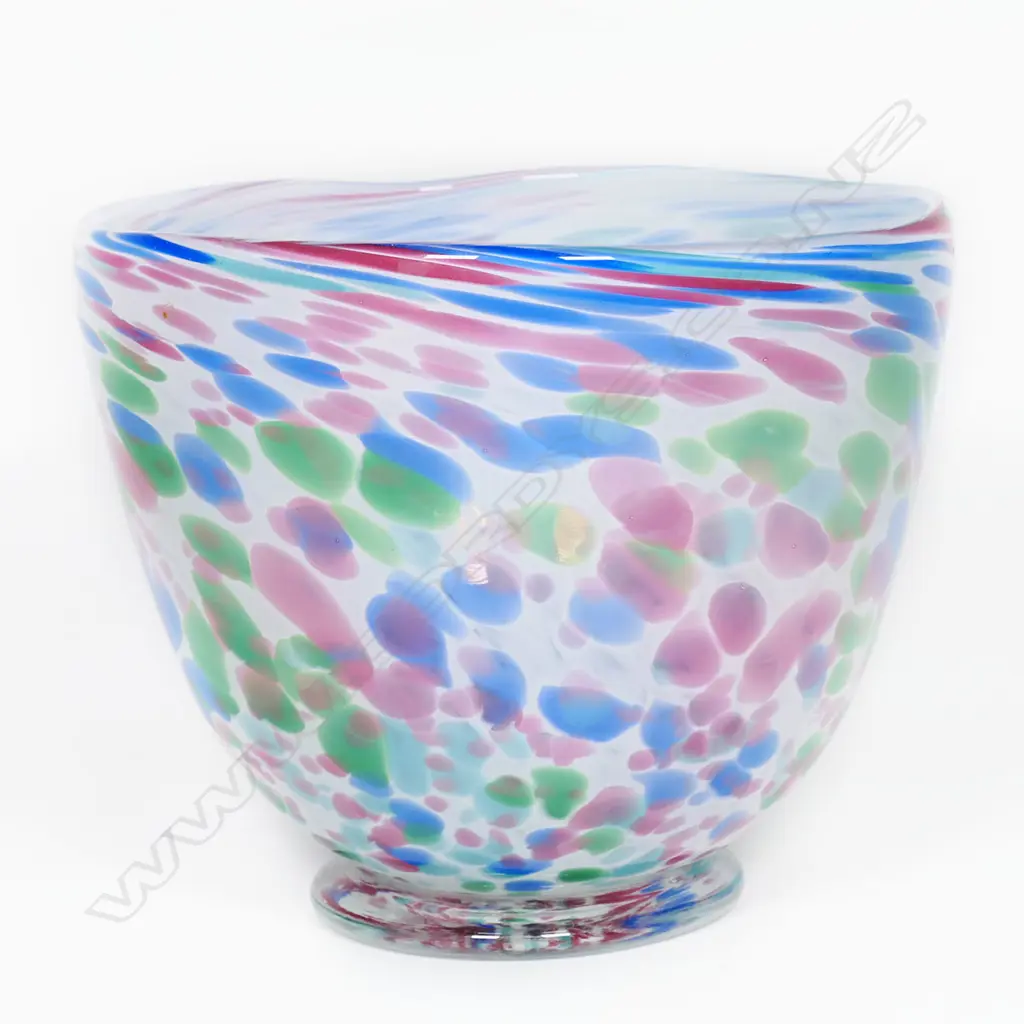 Peter Raos early 1980's glass bowl with multicoloured blue pink and green highlights on a white ground. Original label to base. H.160mm Image 1++
