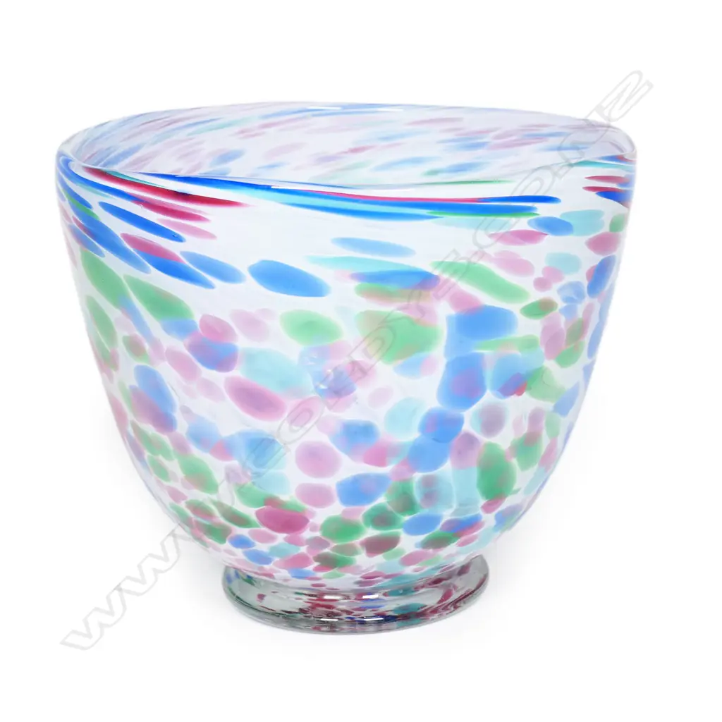 Peter Raos early 1980's glass bowl with multicoloured blue pink and green highlights on a white ground. Original label to base. H.160mm Image 1++