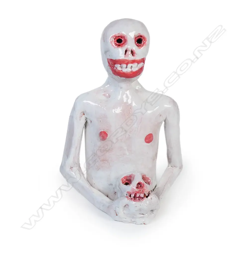 Mark Rainer sculpted pottery skeleton figure holding a skull - initialled and dated 2015. H.150mm Image 1++