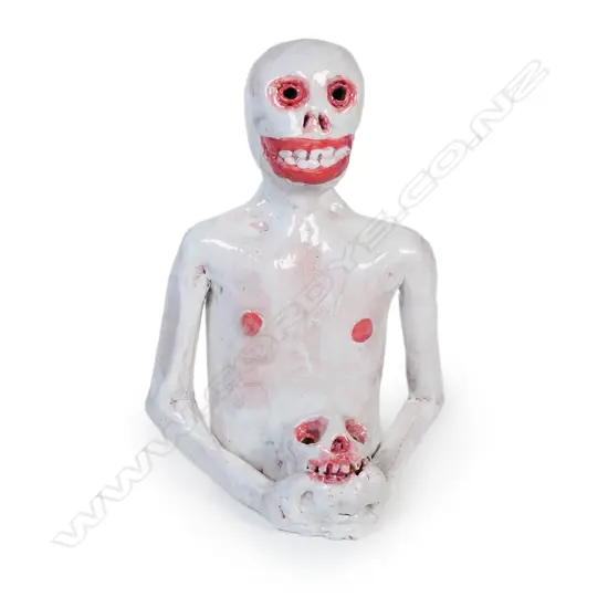 Mark Rainer sculpted pottery skeleton figure holding a skull - initialled and dated 2015. H.150mm