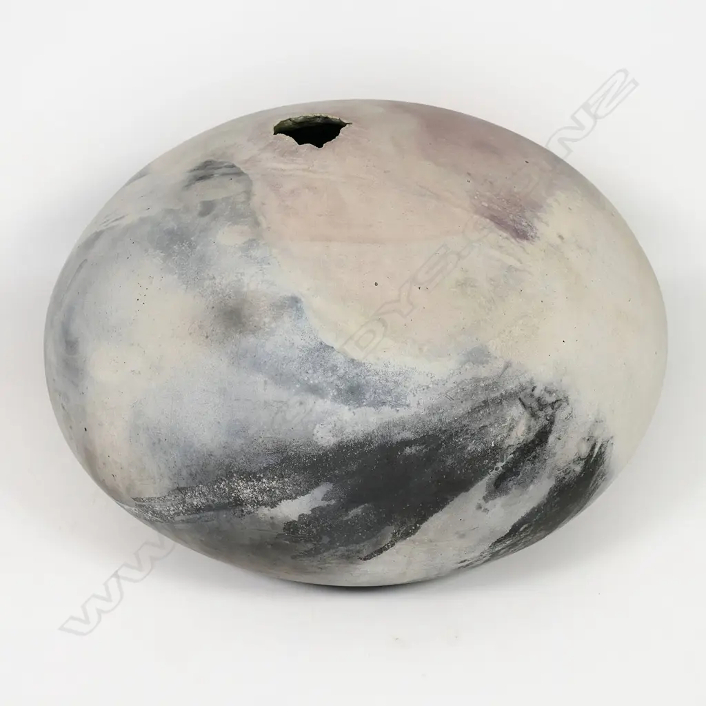 Ray Rogers raku pit fired earthenware orb vessel. Stamped mark to base. H.320mm Dia.460mm. Image 1++