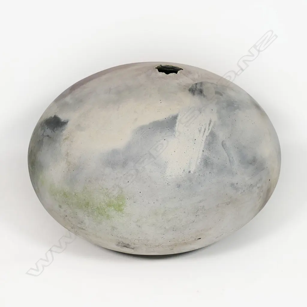 Ray Rogers raku pit fired earthenware orb vessel. Stamped mark to base. H.320mm Dia.460mm. Image 1++