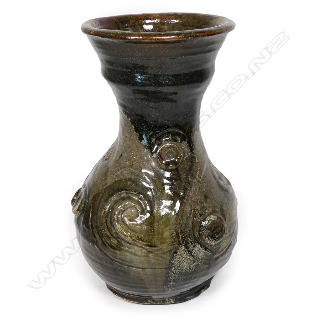 Yvonne Rust large floor vase with swirl detail - tenmoko drip glazed neck and applied circular relief to body. H.430mm Image 1++