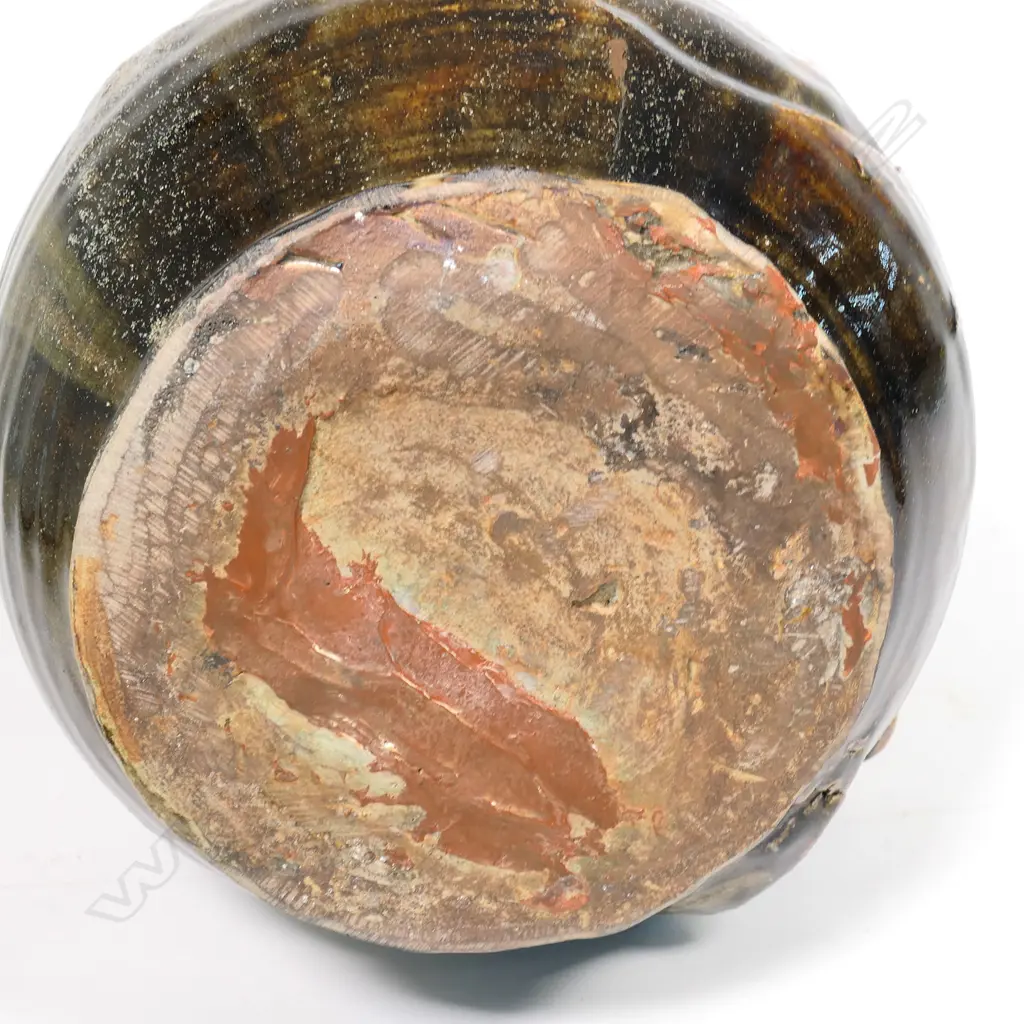 Yvonne Rust large floor vase with swirl detail - tenmoko drip glazed neck and applied circular relief to body. H.430mm Image 1++