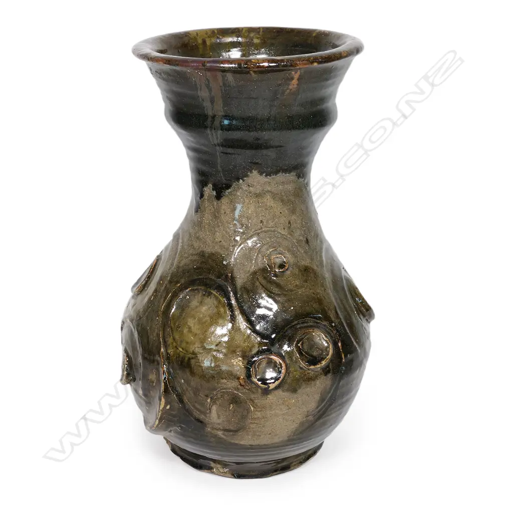 Yvonne Rust large floor vase with swirl detail - tenmoko drip glazed neck and applied circular relief to body. H.430mm Image 1++