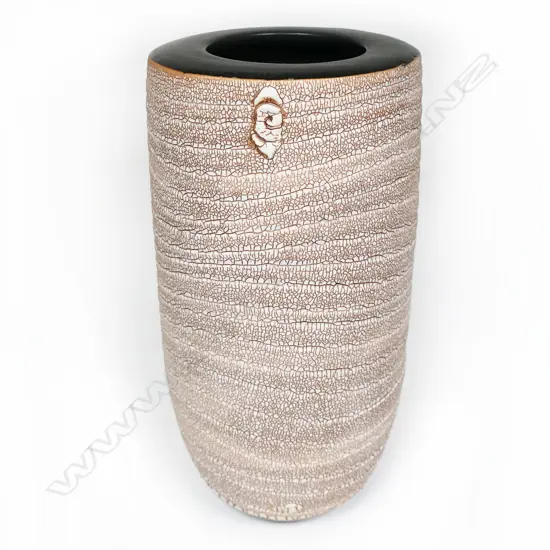 Peter Shearer cylinder vase with incised banding and pale crackled glaze. Initialled lower side, H.25mm.