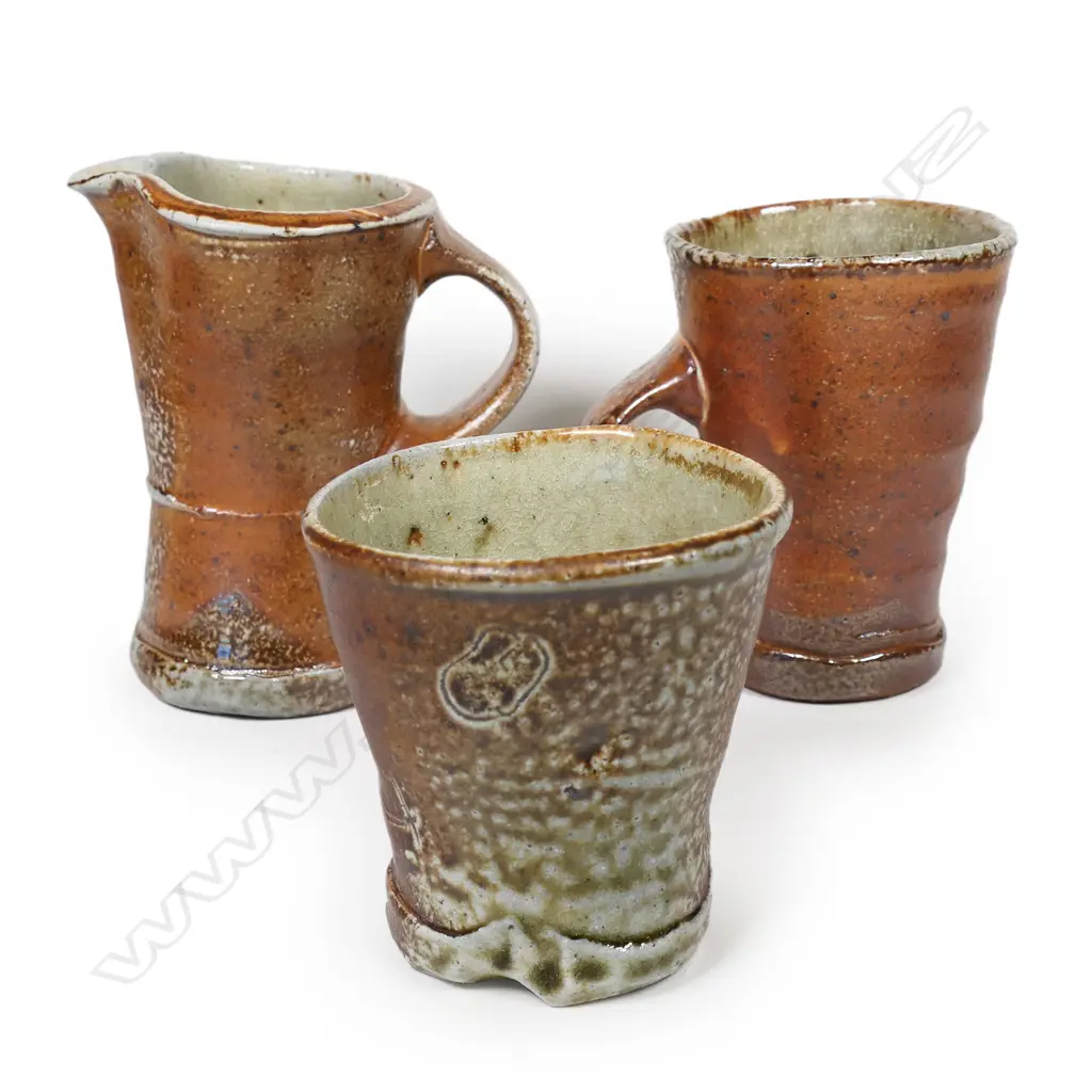 Three Duncan Shearer wood fired vessels; a jug, mug and tumbler. Jug H.125mm. Image 1++