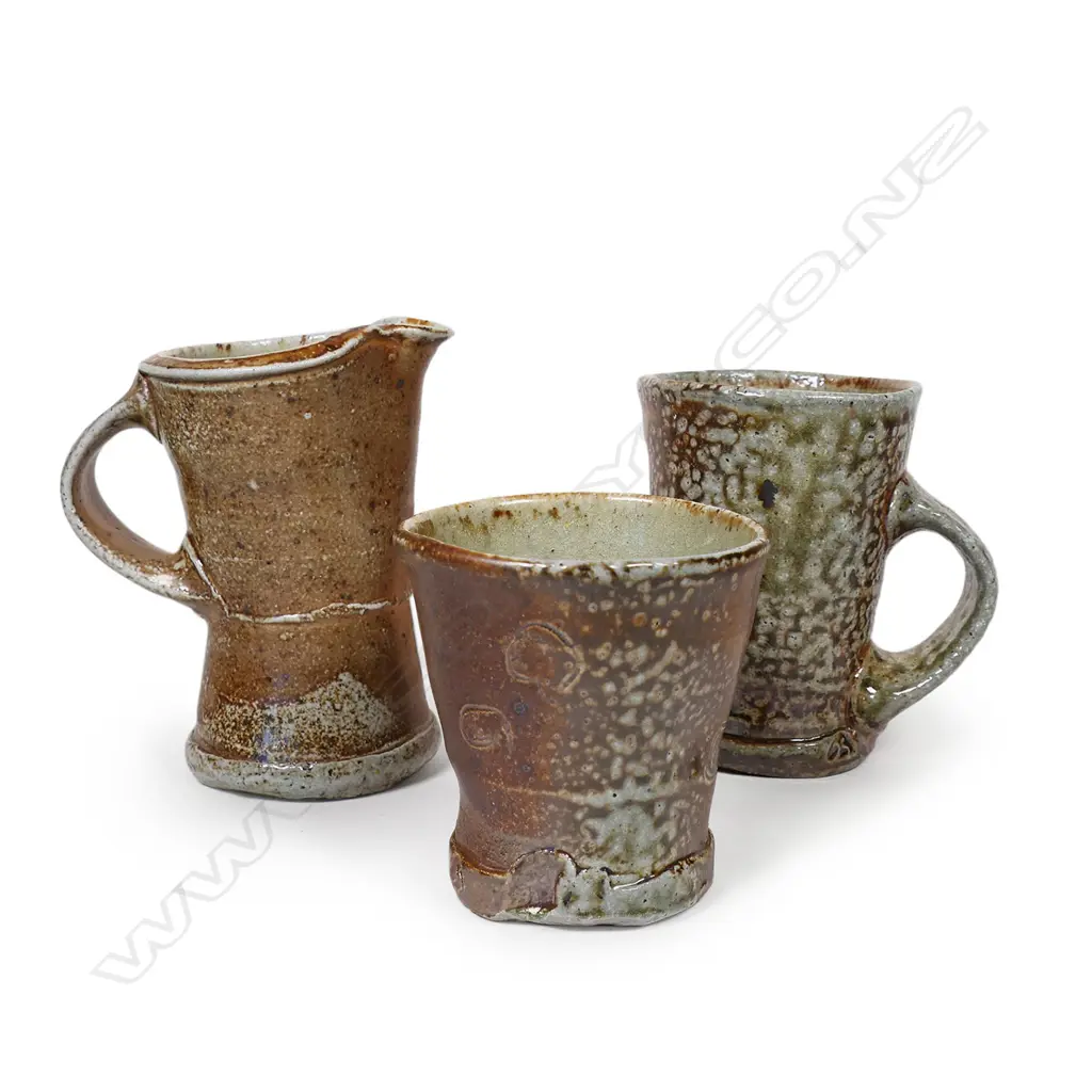 Three Duncan Shearer wood fired vessels; a jug, mug and tumbler. Jug H.125mm. Image 1++
