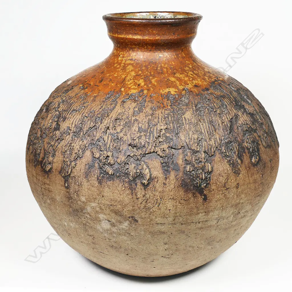 Margaret Symes large 1970's 'dry grass' pot; hand built and heavily textured ovoid form. H.285mm Image 1++