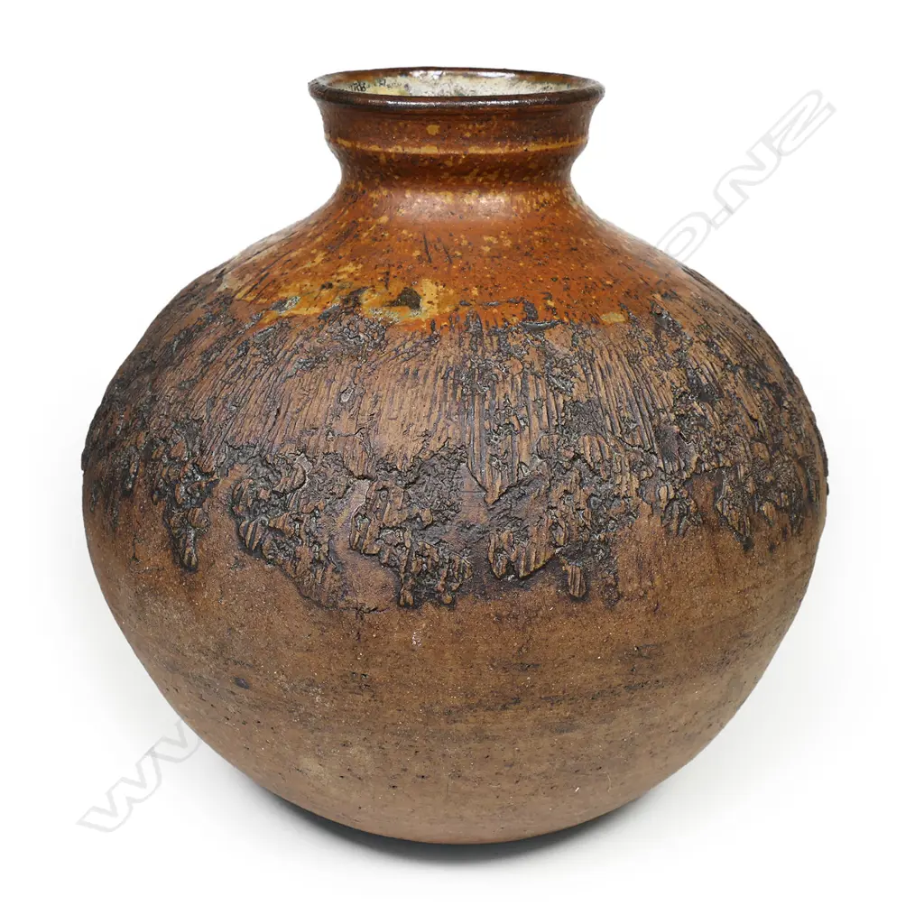 Margaret Symes large 1970's 'dry grass' pot; hand built and heavily textured ovoid form. H.285mm Image 1++