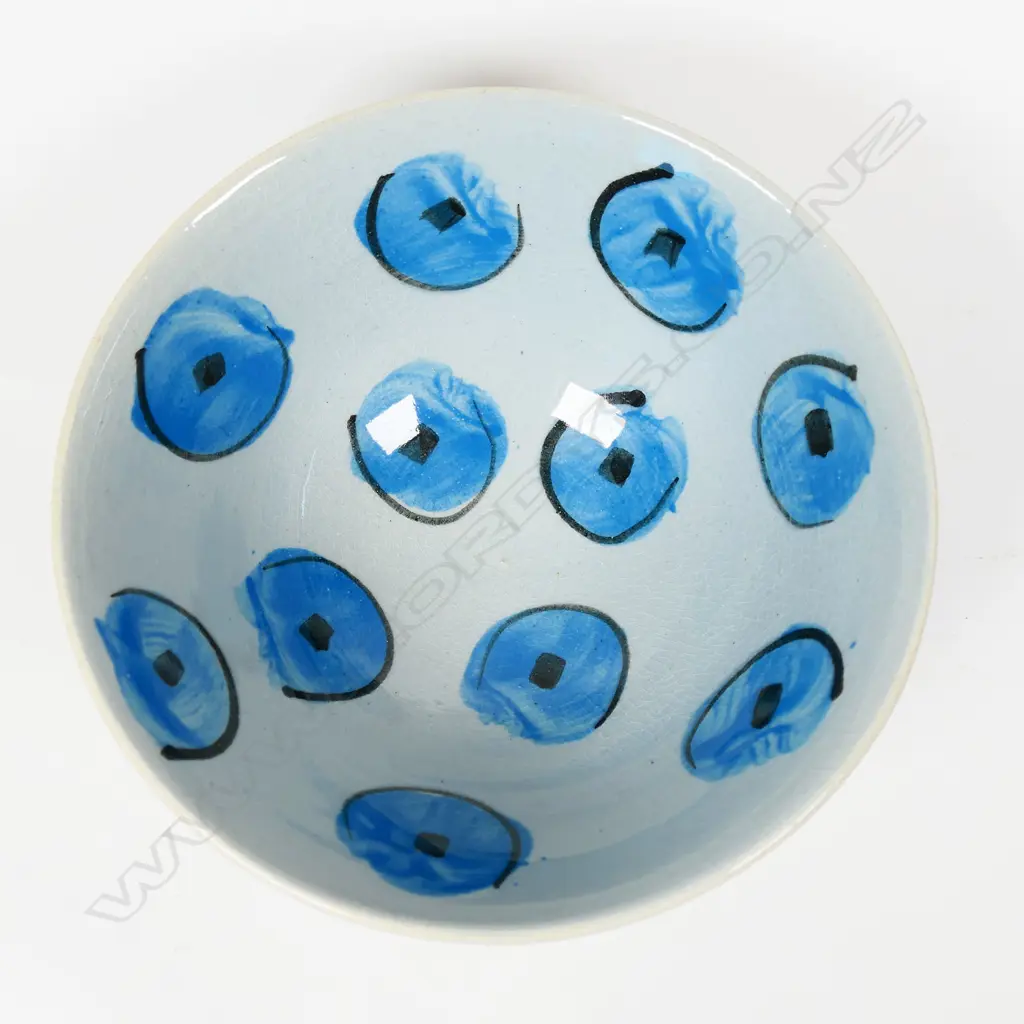Warren Tippett (1941-1994) small footed bowl; pale blue with repeating brushed dot design. From his Grey Lynn period. Initialled and dated '84 to base, dia.150mm Image 1++