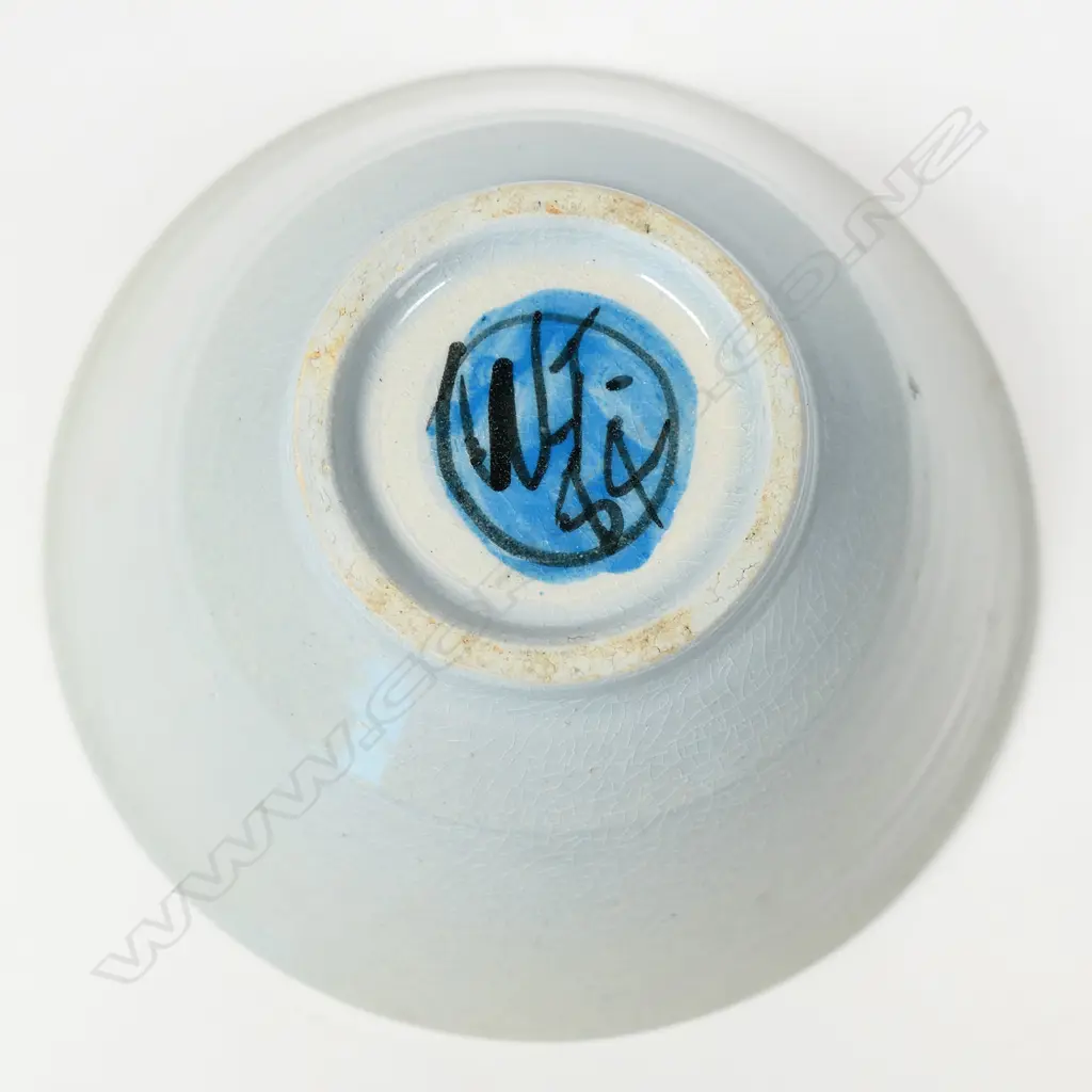 Warren Tippett (1941-1994) small footed bowl; pale blue with repeating brushed dot design. From his Grey Lynn period. Initialled and dated '84 to base, dia.150mm Image 1++