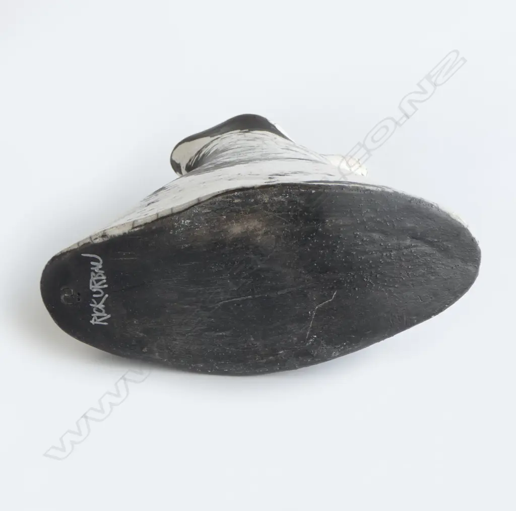 Rick Urban flared vase; flattened waisted form with curved base. Matte black and glossy white glaze effects. Impressed monogram to base. H.300mm Image 1++