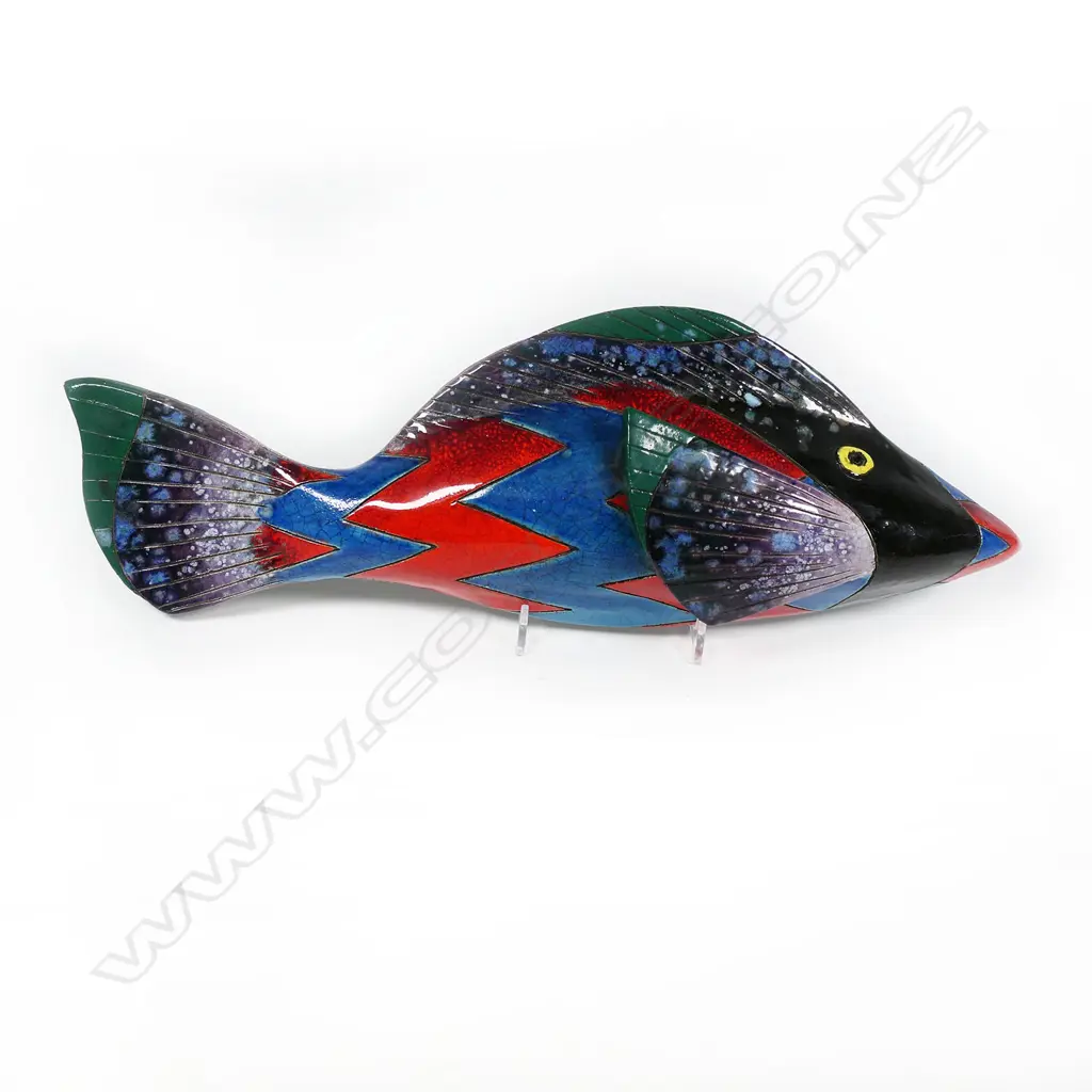 Zeke Wolfe brightly glazed pottery wall mounted fish - zig-zag body design. Incised potter's marks to the reverse. L.400mm Image 1++