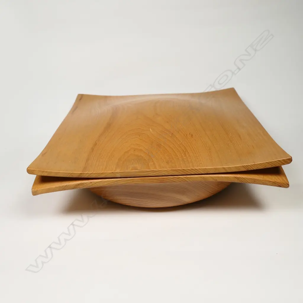 Mary Bartosw (Canterbury) turned and carved ash wood lidded box - the top and base rim of pagoda form. Initialled and inscribed to base 235 x 240 x 80mm. Image 1++