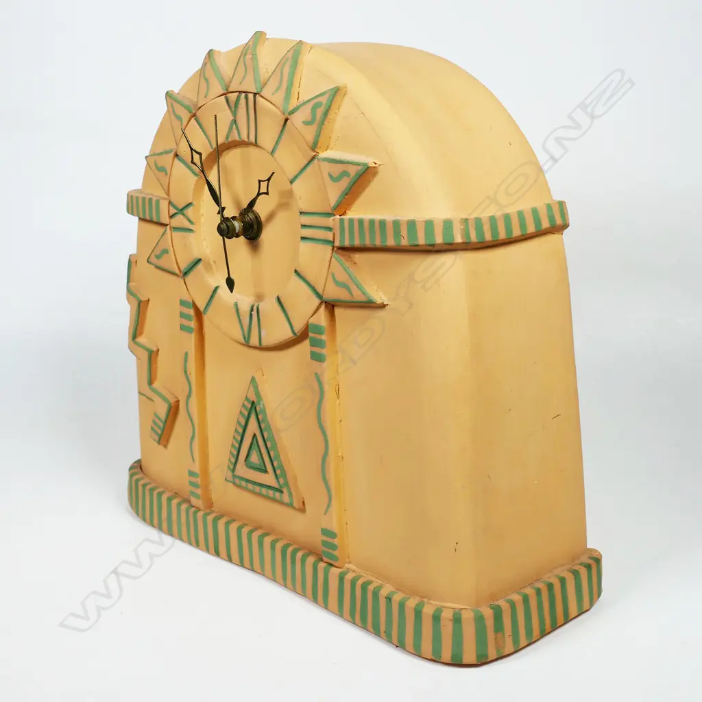 Cheryl Oliver terracotta clock,  domed shape decorated with post modern applied motifs. Signed. H.240 x 240mm Image 1++