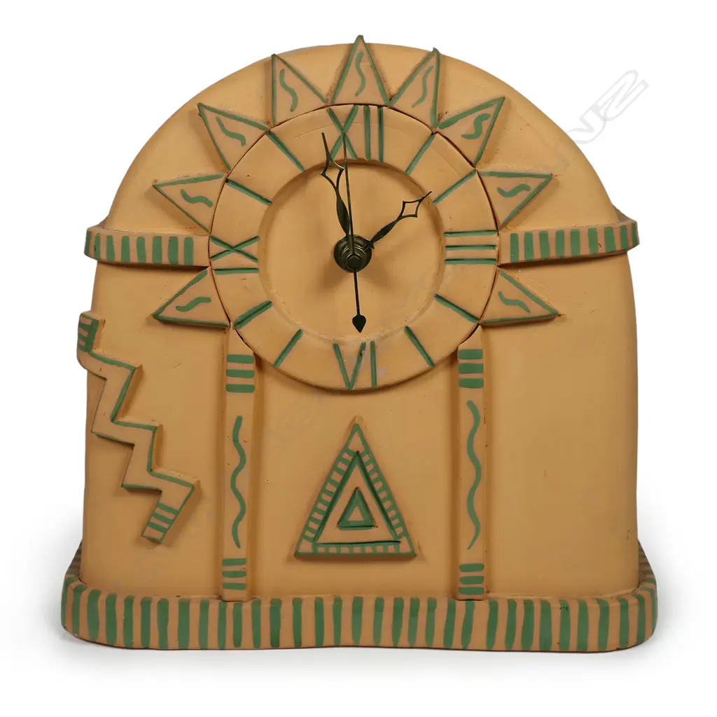 Cheryl Oliver terracotta clock,  domed shape decorated with post modern applied motifs. Signed. H.240 x 240mm Image 1++