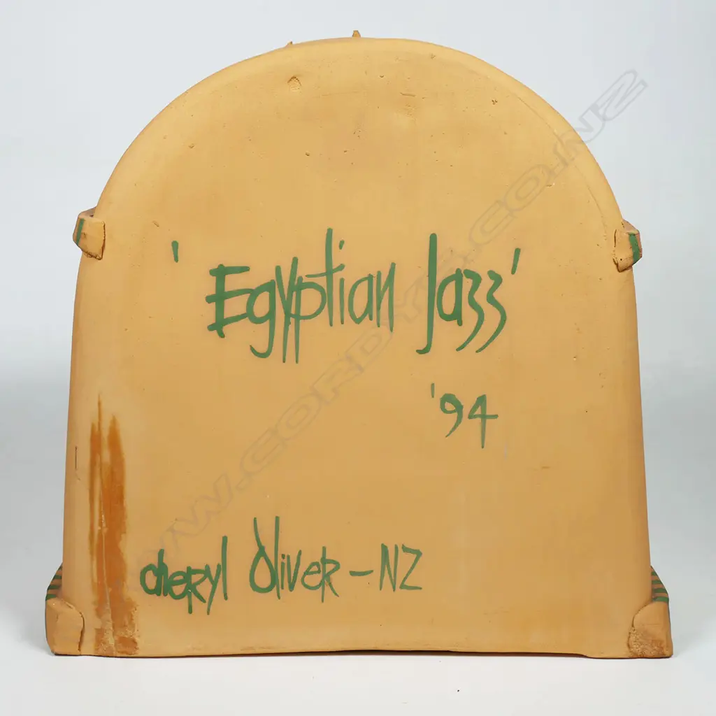Cheryl Oliver terracotta clock,  domed shape decorated with post modern applied motifs. Signed. H.240 x 240mm Image 1++