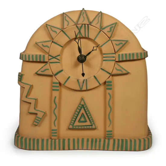 Cheryl Oliver terracotta clock,  domed shape decorated with post modern applied motifs. Signed. H.240 x 240mm