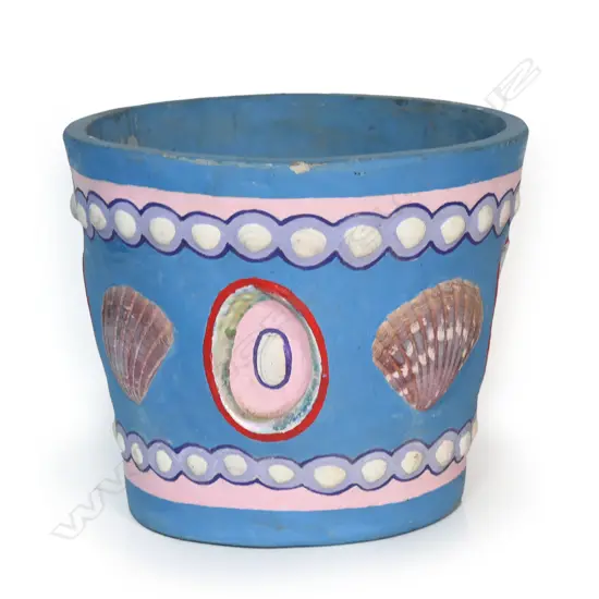 Ross Michie (Kaitaia Northland) colourful folk art scallop shell decorated concrete planter. H.280mm. Dia.335mm,