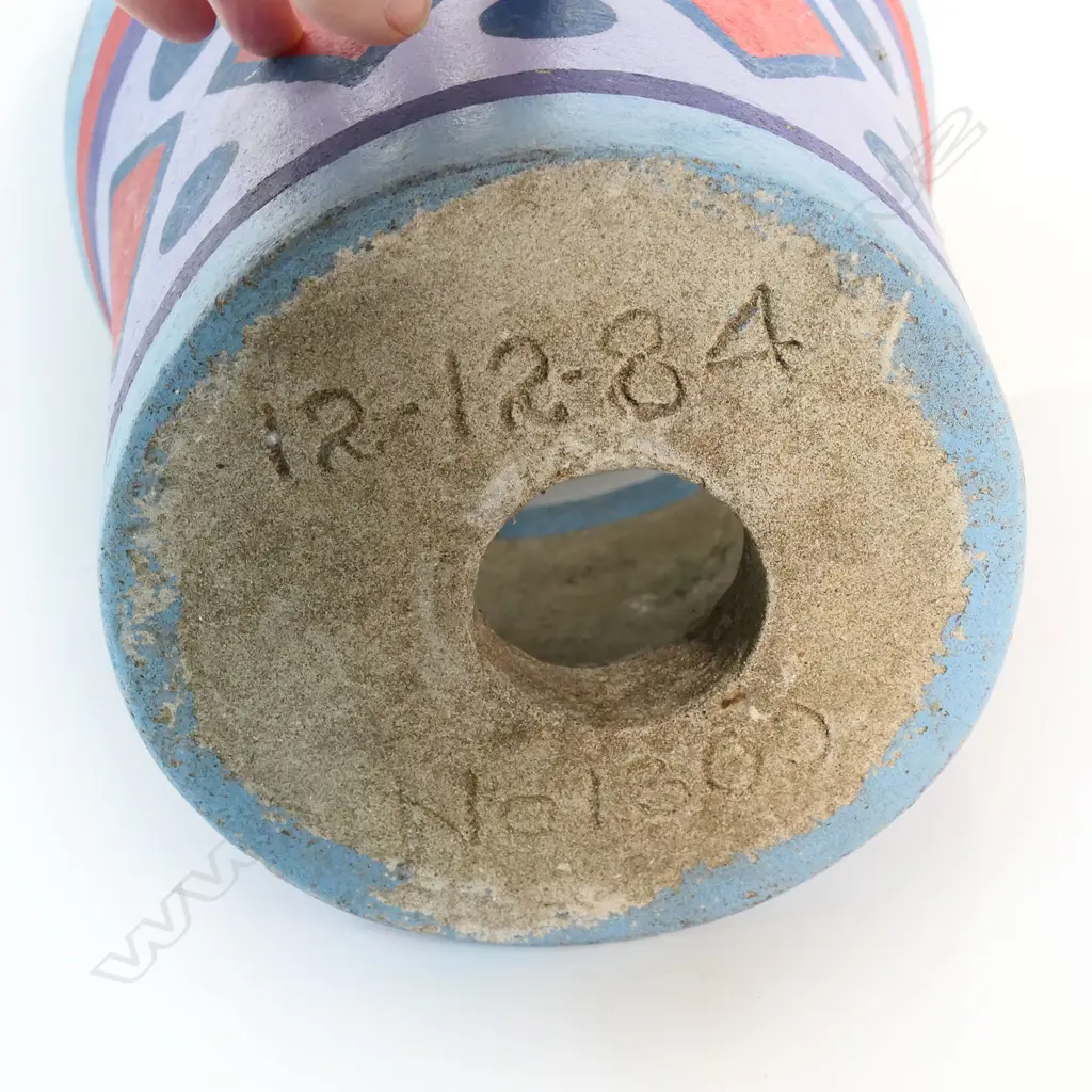 Ross Michie (Kaitaia Northland) colourful folk art tui decorated concrete planter. H.223mm. Dia.240mm. Image 1++