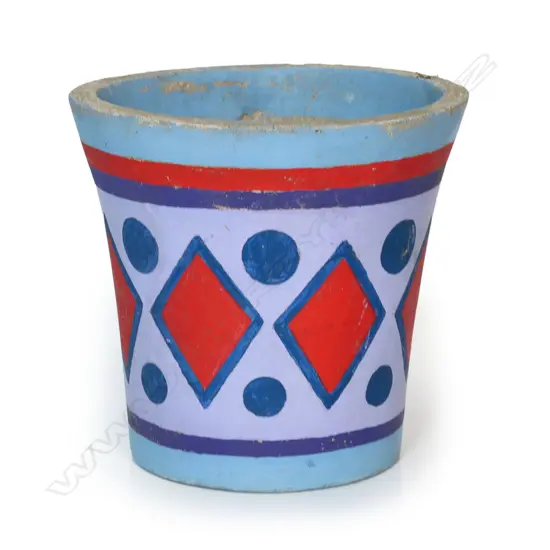 Ross Michie (Kaitaia Northland) colourful folk art tui decorated concrete planter. H.223mm. Dia.240mm.
