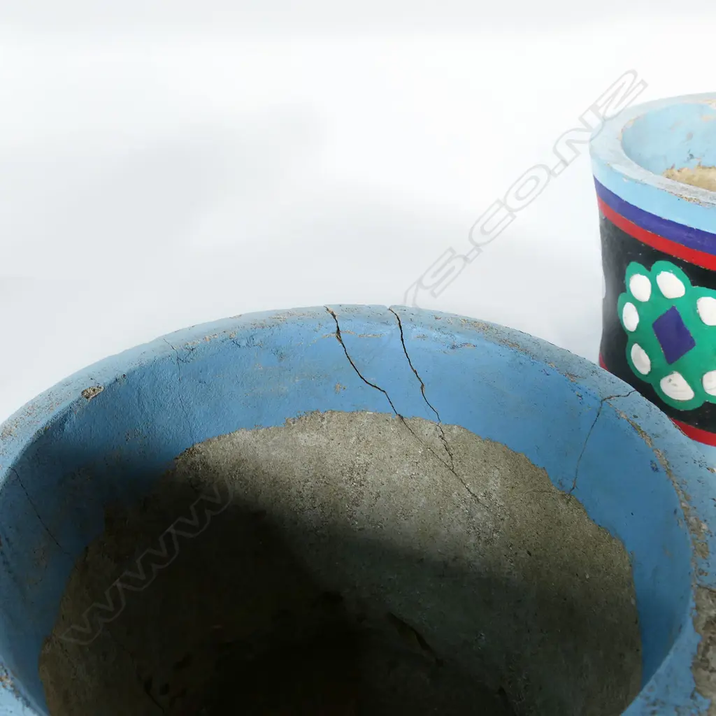 Three Ross Michie (Kaitaia Northland) colourful folk art decorated concrete planters. H.200mm. Dia.265mm. Some faults. Image 1++