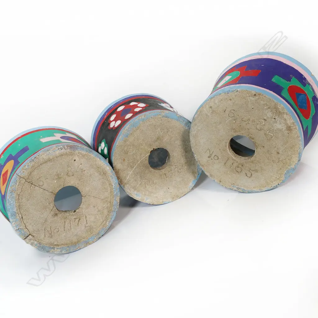 Three Ross Michie (Kaitaia Northland) colourful folk art decorated concrete planters. H.200mm. Dia.265mm. Some faults. Image 1++