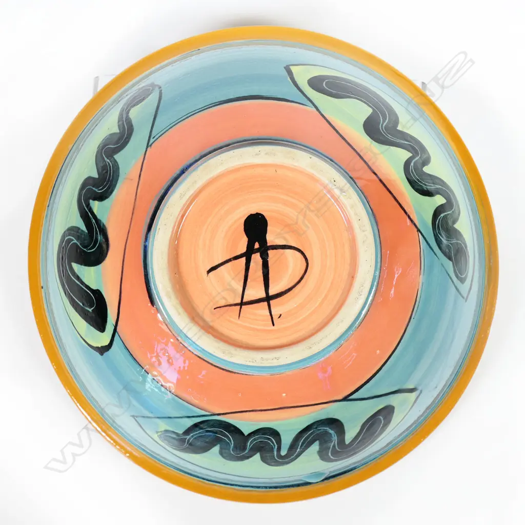 Andrew van der Putten footed bowl - pastel-coloured glazes with black swirl detail. H.100 x Dia..300mm Image 1++