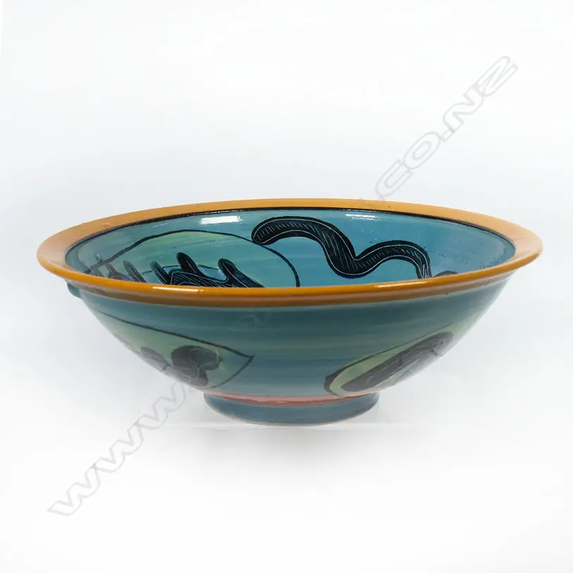 Andrew van der Putten footed bowl - pastel-coloured glazes with black swirl detail. H.100 x Dia..300mm Image 1++