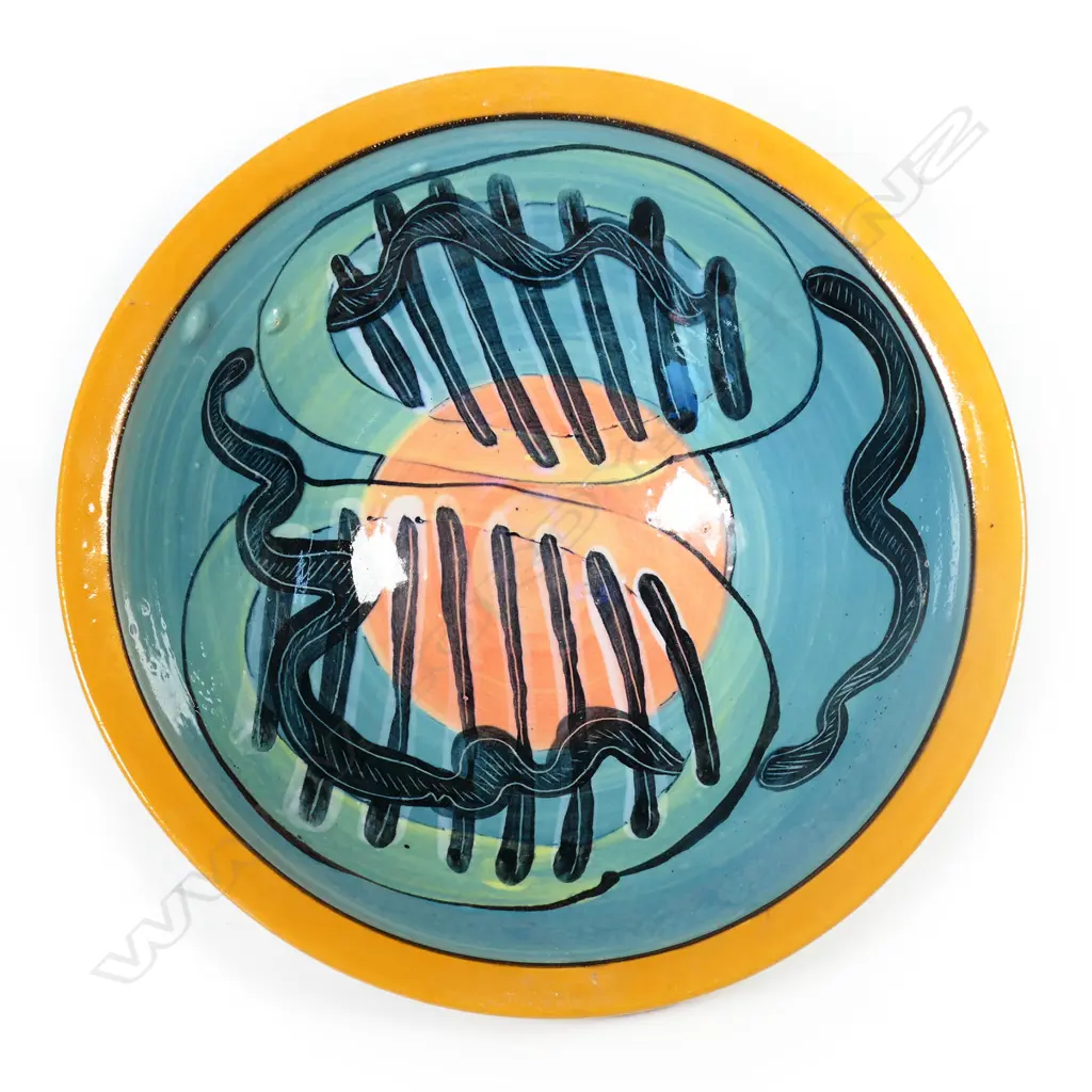 Andrew van der Putten footed bowl - pastel-coloured glazes with black swirl detail. H.100 x Dia..300mm Image 1++