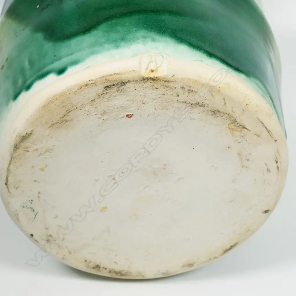 Andrew van der Putten large pitcher - milk can shape with coiled band around neck, bird eye detail and thick yellow and green glaze. Potter's mark to base. H.300mm Image 1++