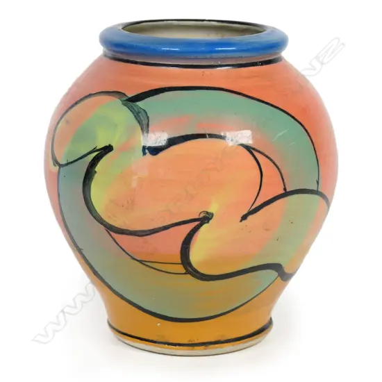 Andrew van der Putten small ovoid vase - modern pastel glazed designs. Potter's mark to base. H.120mm