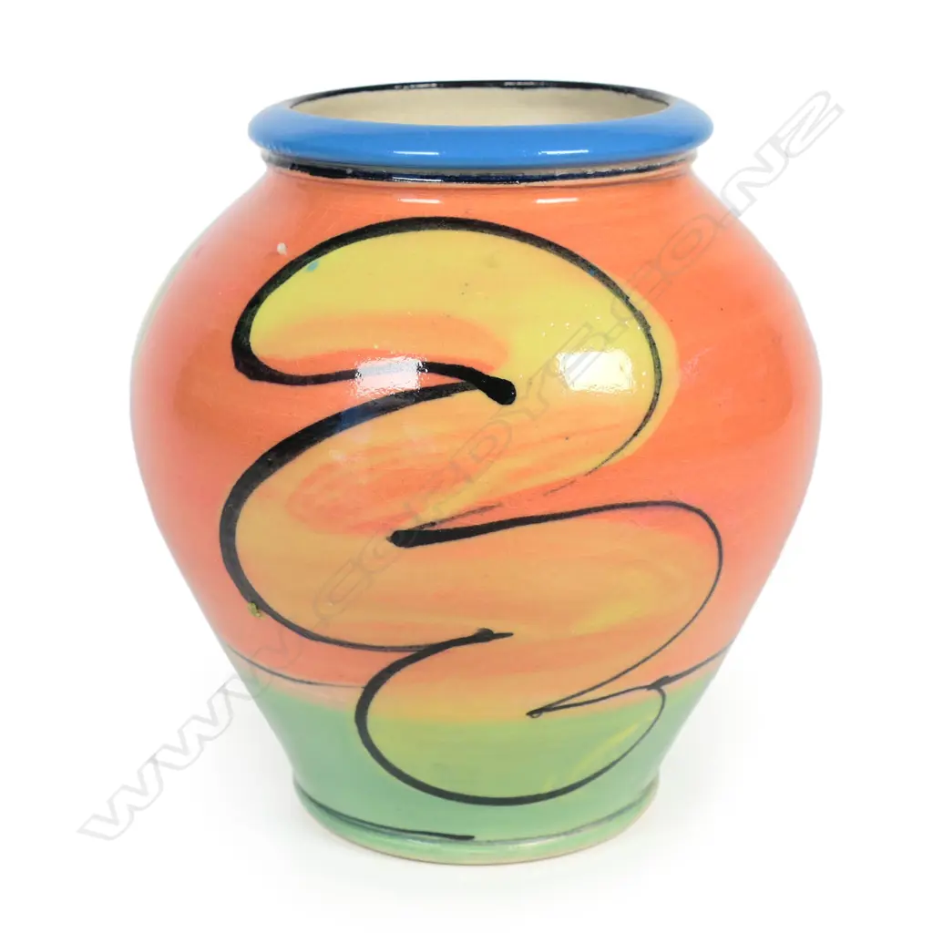Andrew van der Putten small ovoid vase - modern pastel glazed design. Potter's mark to base. H.130mm Image 1++