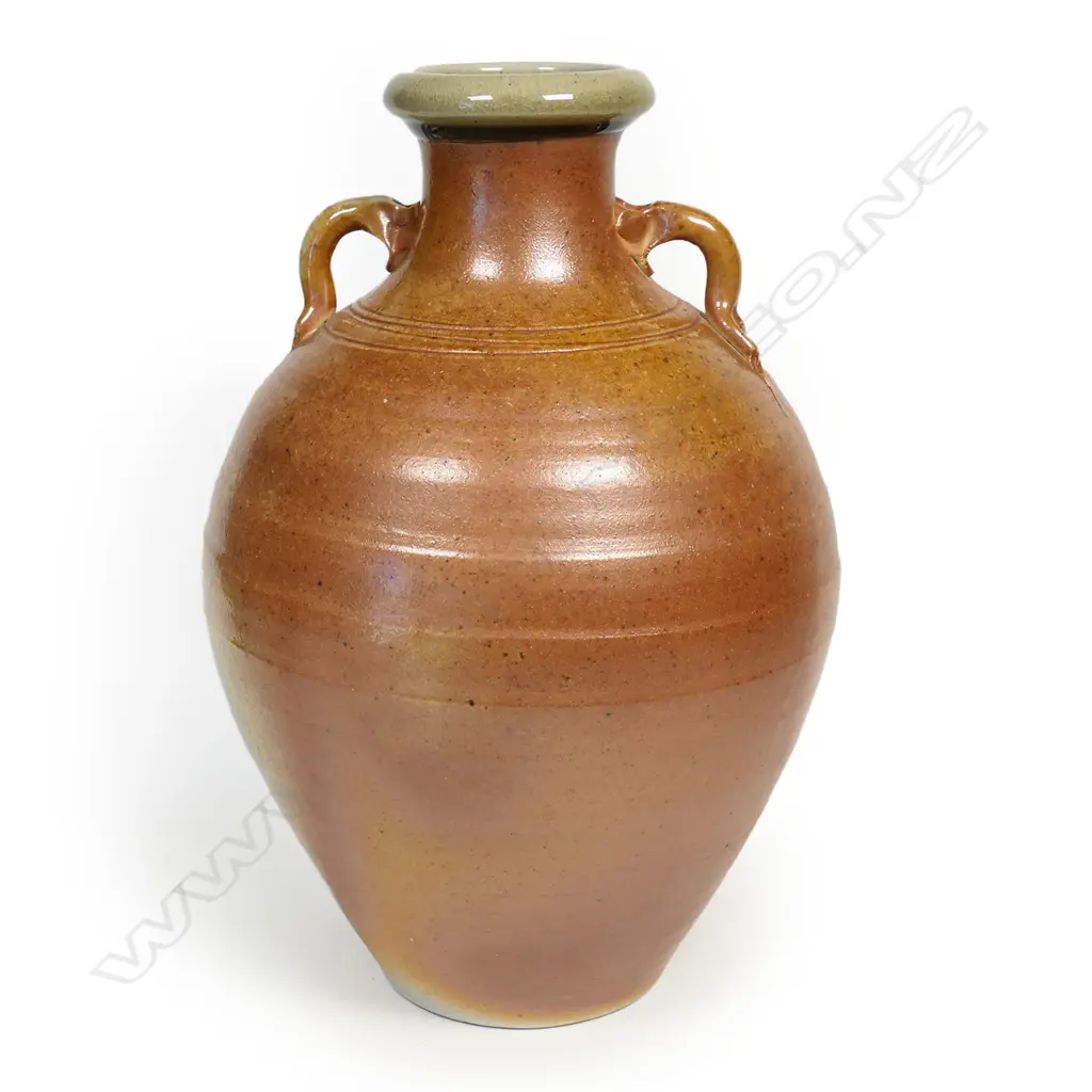 Two handled wood fired vessel by unknown potter. H.245mm. Vendor's note: 'Purchased at one of the last Fletcher Brownbilt exhibitions at the Auckland War Memorial Museum.' Image 1++
